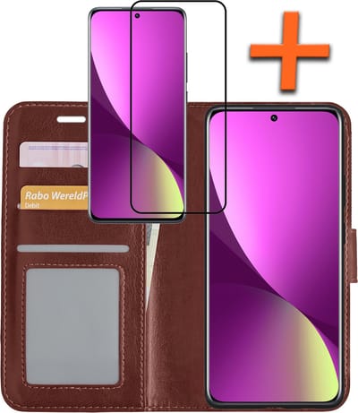 Hoes - Met Screenprotector - Geschikt voor Xiaomi 12X - Luxe Pasjeshouder - Bookcase Portemonee - Flip Case - Kunstleer Book Case - Flipcase - Book Cover - Walletcase - PortemonneeHoes - Bruin