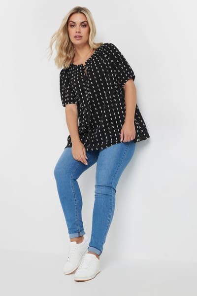 Yours Katoenen Top Met Dobbytextuur En Strikdetail In Zwart/Wit Size 58-60
