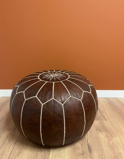 Leren Tafel Poef - XXL - 75 x 50 CM - Hout Bruin - Handgemaakt Marokkaanse Poef - Hoge kwaliteit leder