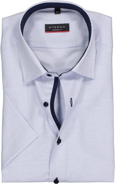 ETERNA modern fit overhemd - korte mouw - structuur heren overhemd - lichtblauw met wit (donkerblauw contrast)