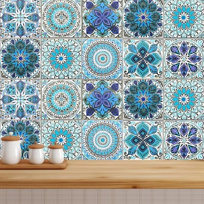 20 Stuks Blauw Tegelstickers, Marokkaanse Mozaïek Plaktegels, Waterdicht PVC voor Keuken, Badkamer en Trappen, 10 x 10 Cm, Decoratieve Wanddecoratie, Makkelijk aan te brengen