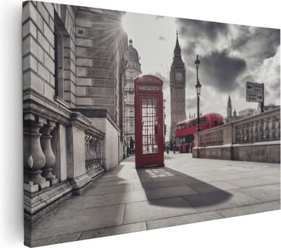 Artaza Canvas Schilderij Big Ben - 30x20 cm - Klein - Muurdecoratie Londen - Wanddecoratie Rode Bus - Schilderijen Op Canvas Skyline