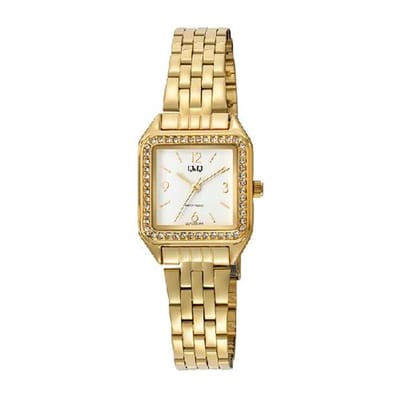 Q&Q-dames horloge-model q27c-002py-vierkant-kristal-goudkleurig-3 atm waterdicht-afmeting 24x24mm