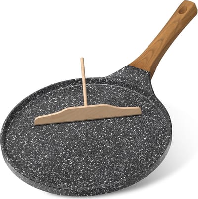 Non-Stick Pannenkoekenpan 26cm met Houten Spatel - Geschikt voor Alle Warmtebronnen, Inclusief Inductie