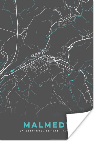Poster Kaart – Plattegrond – Stadskaart – Malmedy – België - Grijs - 120x180 cm XXL
