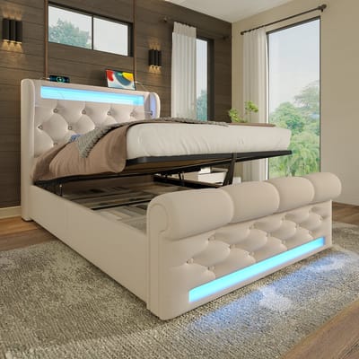 YEHTOKHOME Gestoffeerd Bed 90x200 cm Eenpersoonsbed met LED verlichting - USB C-type oplaadfunctie - Hydraulische hendel - Lattenbodem - Beige Fluweel (zonder matras)