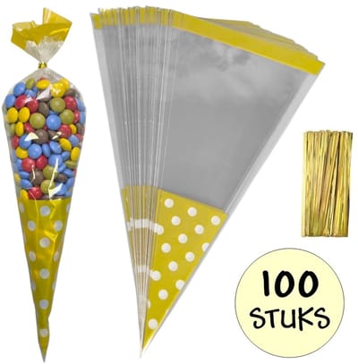 100x Cellofaan Puntzakken Gouden Stippen 37x18cm - Uitdeelzak - Traktatie Zak - Snoepzak - Inclusief Sluitstrips - 18x37cm - Goud - 100 Stuks