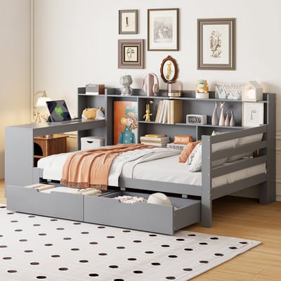 DESMIU Slaapbankbed 90 x 200 cm - Multifunctioneel Bed Met Bureau en Stopcontact - Opbergruimte Met Lades en Planken - Voor Studentenkamer en Woonkamer - Massief Hout - Grijs - Zonder Matras