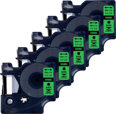 DULA Dymo D1 45809 - S0720890 - Compatible label tape - 5 lettertapes - Zwart op groen - 19mm x 7m