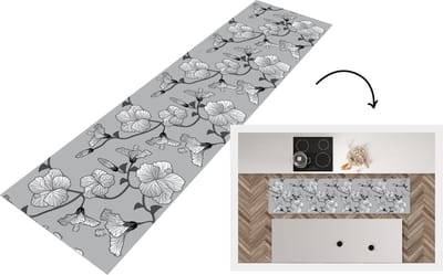 Keukenloper - Loper keuken - Hibiscus - Grijs - Tropisch - Patroon - 200x50 cm - Keukenloper vinyl