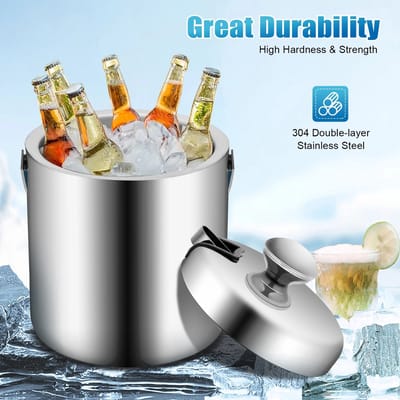 Dailygoods 1.3L Draagbare Dubbelwandige Ijsemmer met Tang Deksel Roestvrijstalen Ijsblokjescontainer Voor Wijn/Drinken/B