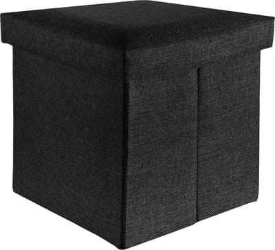 Intirilife opvouwbare kruk 38x38x38 cm in DIAMOND ZWART - zitkubus met opbergruimte en deksel van stof in linnenlook - zitkubus voetensteun opbergkist bankzitting