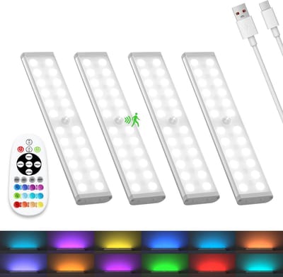 Dimbare 58-LED Bewegingssensor Kastverlichting Draadloos Oplaadbaar met Afstandsbediening en RGB Kleuren