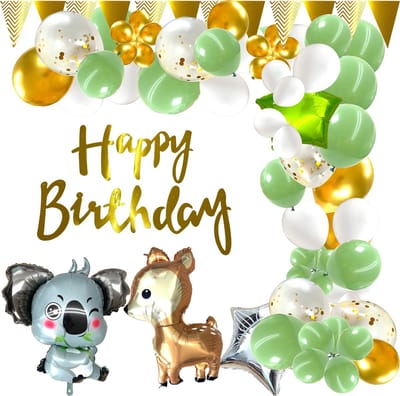 Knuffeldieren Balonnen Boog - 65 Stuks - Groen - Goud - Ballonboog - Lente thema - Versiering Verjaardag - Koala- Hert - Verjaardag - Dieren Folie Ballonnen - Happy Birthday Slinger - Fienosa - Bosdieren - Hert en Koala Ballon