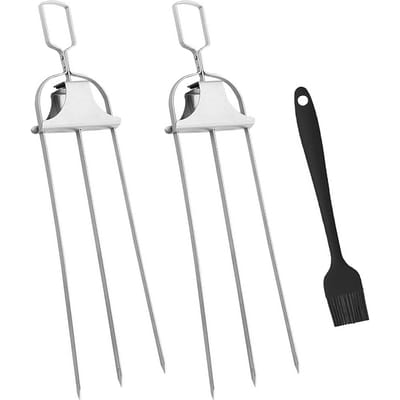 RVS Spiezen Semi-Automatische BBQ Buiten Drietandige Grillvork voor Grillen van Vlees 2pcs