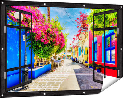 Gards Tuinposter Doorkijk Kleurrijke Straat op het Eiland Kos, Griekenland - 120x80 cm - Tuindoek - Tuindecoratie - Wanddecoratie buiten - Tuinschilderij