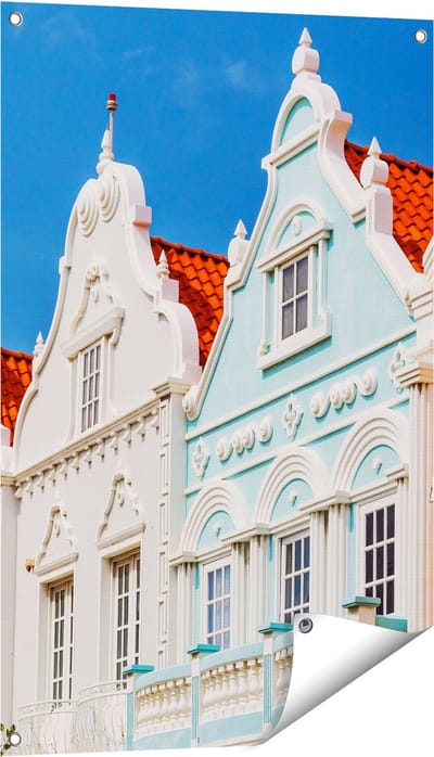 Gards Tuinposter Aruba Kleurrijke Huisjes - Nederlandse Antillen - 60x90 cm - Tuindoek - Tuindecoratie - Wanddecoratie buiten - Tuinschilderij