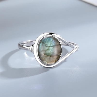 Labradoriet KoperVintage Ring, Ovale Sterrenlicht Edelsteen & Gesneden Bloem Band, Boho Dames Mode Sieraden Grensoverschrijdend 9 gray