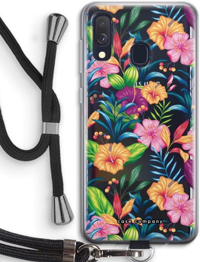 Case Company® - Hoesje met koord geschikt voor Samsung Galaxy A40 hoesje met Koord - Tropisch 2 - Telefoonhoesje met Zwart Koord - Bescherming aan alle Kanten en Over de Schermrand