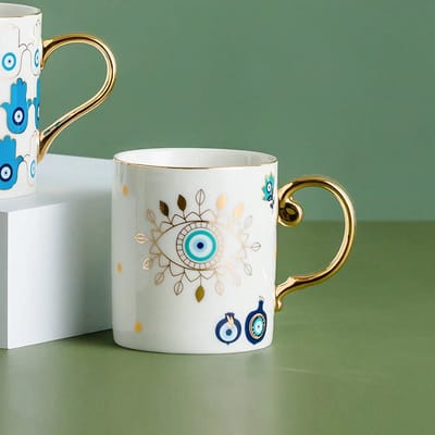 Koffiemok Blaadje Turkse Oog - Theemok - Keramische Mok - Leaf Evil Eye Mug