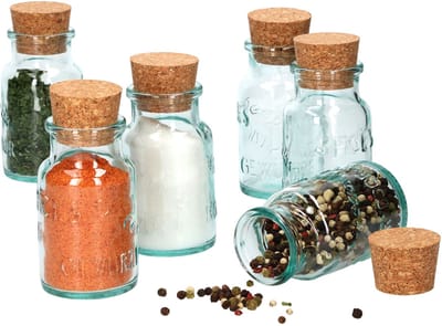 Set van 6 kruidenpotjes groen 125ml + kurk - voor het bewaren van kruiden & specerijen