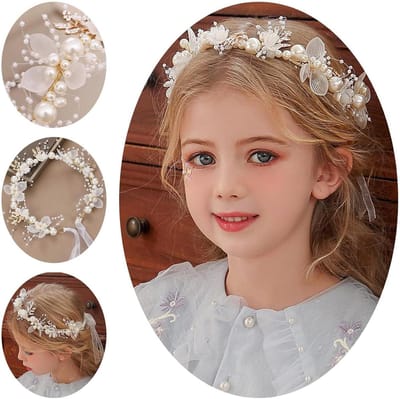Allecto Plus - Haaraccessoires wit voor communie meisjes en bruiloft - 5 stuks - bloemenmeisje - parels - verstelbare bloemenkrans - haarhoofdband - verloving - date