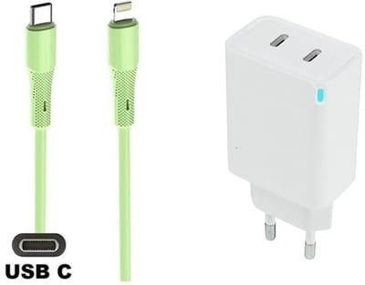 45W super snellader met 2 poorten USB C - USB C + 1,0m USB C naar Lightning kabel. Universele PD PPS lader. Oplader adapter past op Apple iPhone 8 t/m iPhone 14