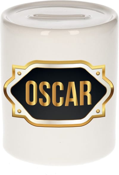 Spaarpot met voornaam Oscar - wit - met goud/zwart embleem - 8 x 9 cm - keramiek - met afsluitdop - cadeau verjaardag