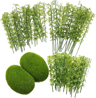 Miniatuur Bamboobomen Set van 60 Stuks, Kunstmatige Planten voor Landschapsdecoratie en Sprookjestuinen met 2 Fake Mosstenen voor Thuisdecoratie