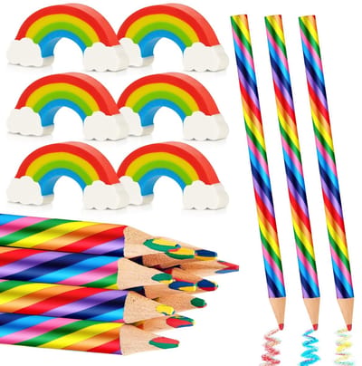 Dailygoods- Kleurpotloden Regenboog - 12 Stuks - Kunststof Gummetjes - 4-in-1 Gum - Zacht/Flexibel - Ideaal voor Volwassenen - Tekenpotloden