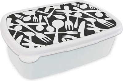 Broodtrommel Wit - Lunchbox - Brooddoos - Bestek - Patronen - Zwart Wit - 18x12x6 cm - Volwassenen