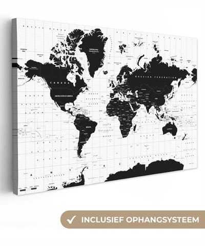 Canvas schilderij 60x40 cm - Wanddecoratie Wereldkaart - Zwart - Wit - Atlas - Aarde - Educatief - Muurdecoratie woonkamer - Kamer decoratie accessoires - Schilderijen