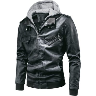 Lente en Herfst Heren Afneembare Capuchon Meerdere Zakken Dubbele Rits Leren Jas XXXXL gray