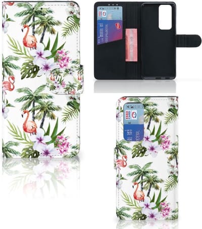OPPO Find X3 Neo 5G Telefoonhoesje met Pasjes Flamingo Palms