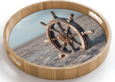 Dienblad rond 40x40 cm - Schootdienblad hout - Scheepsstuur - Hout - Bruin - Zand - Borrelplank rechthoek - Plateau houten dienbladen