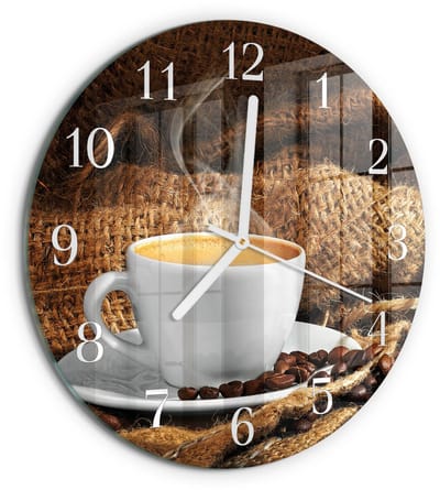 Tulup Wandklok - Koffiebonen Decoratieve Glazen Klok - 30fi cm - Bruin Glazen Wandklok Design - Witte Handen - Ronde Wandklok - Glazen Wandklok Design - Klok Glas Met Opdruk