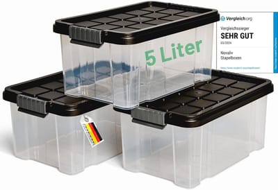 Novaliv 3x opbergdozen met deksel 5L antraciet Nestbare stapelbare opbergdozen met clipsluiting Kunststof BPA-vrij 30 x 19 x 14 cm