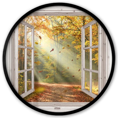 Poster in lijst Rond - Fotolijst 40x40 cm - Posters - Bos - Bomen - Herfst - Zon - Herfstbladeren - Natuur - Doorkijk - Ronde posterlijst zwart - Decoratie - Wanddecoratie woonkamer - Muurdecoratie slaapkamer