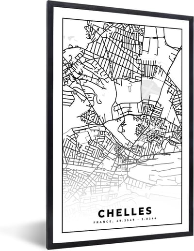 Fotolijst incl. Poster Zwart Wit- Frankrijk - Chelles - Stadskaart - Plattegrond - Kaart - Zwart wit - 40x60 cm - Posterlijst