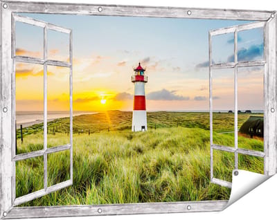 Gards Tuinposter Doorkijk Vuurtoren met Zonsopgang op een Eiland - 120x80 cm - Tuindoek - Tuindecoratie - Wanddecoratie buiten - Tuinschilderij