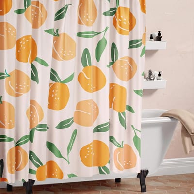 Rideaux de douche orange, Rideau de douche à motifs de fruits sur tout le tissu, Rideau de bain imperméable à motif d'agrumes ronds, Ensembles de rideaux de bain avec crochets W90xH180cm
