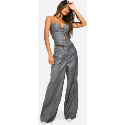 boohoo Dames Broek met geweven voorkant en naaddetail, wijde pijpen | Charcoal | Maat: 8
