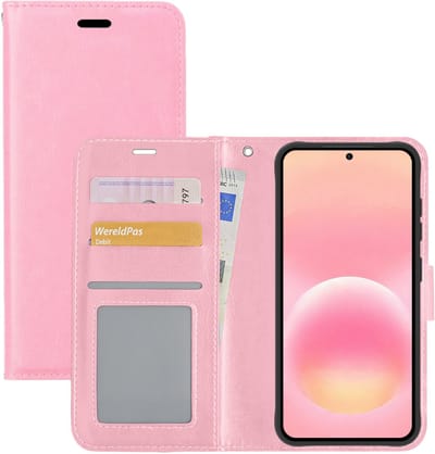 Hoesje - Met Pasjeshouder - Geschikt voor Samsung Galaxy A57 - Luxe Bookcase Portemonee - Flip Case - Kunstleer Book Case - Flipcase - Book Cover - Walletcase - Portemonneehoes - Lichtroze