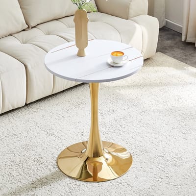 Ronde bijzettafel/eettafel van 60 cm, gemaakt van MDF: tafelblad met hoogwaardige thermovormtechnologie, witte houtnerf, gouden steunpoot – perfect voor Europese woonruimtes.