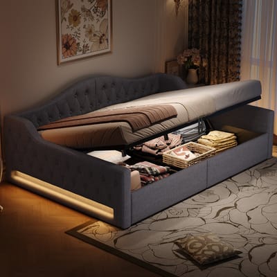 DESMIU Gestoffeerd Dagbed 140x200 cm – Met Ledverlichting – Met Onderbed Opbergruimte – Voor Logeerkamer Of Slaapkamer – Linnenlook – Grijs – Zonder Matras