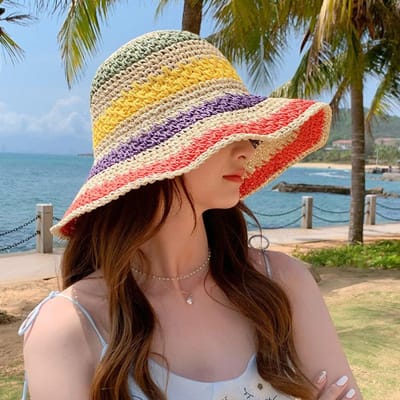 Regenboog Strooien Hoed Voor Dames Zomer Zonneklep Handgemaakt Gehaakt Grote Rand Emmer Hoeden Dames Strand Zon Hoed Boho Meisjes Mode Petten free size brown