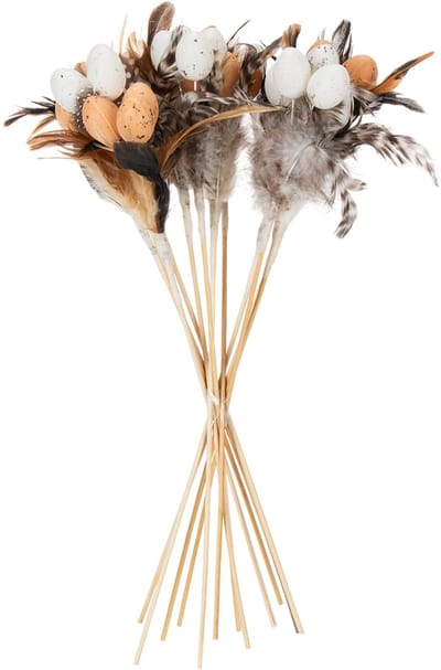 Kunstmatige kwarteleieren, decoratieve veren op een stokje, 36 cm, 12