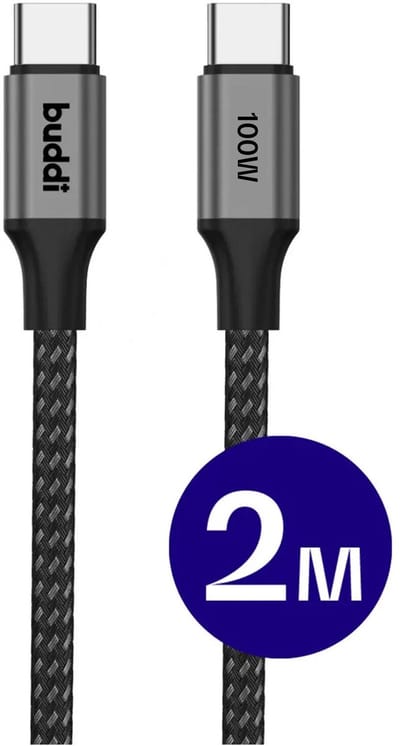 Buddi Flex | USB-C naar USB-C Kabel | 100W Super Fast Charge | Power Delivery Snelladen | 480Mbps Dataoverdracht | Gevlochten Nylon | Geschikt voor o.a. iPhone 15 / 16 & Samsung S25-serie | 2M Zwart