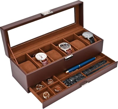 Luxe horlogedoos met glazen deksel en lade – 6 horlogevakken, tweelaagse horlogekist voor heren en dames – Bruin (Espresso) – Sieraden- en horlogeopberger