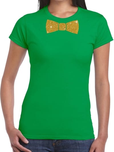 Groen fun t-shirt met vlinderdas in glitter goud dames S
